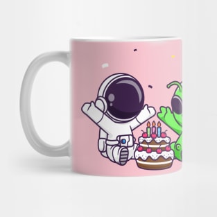 Cute Astronaut And Alien With Birthday Cake Cartoon Mug